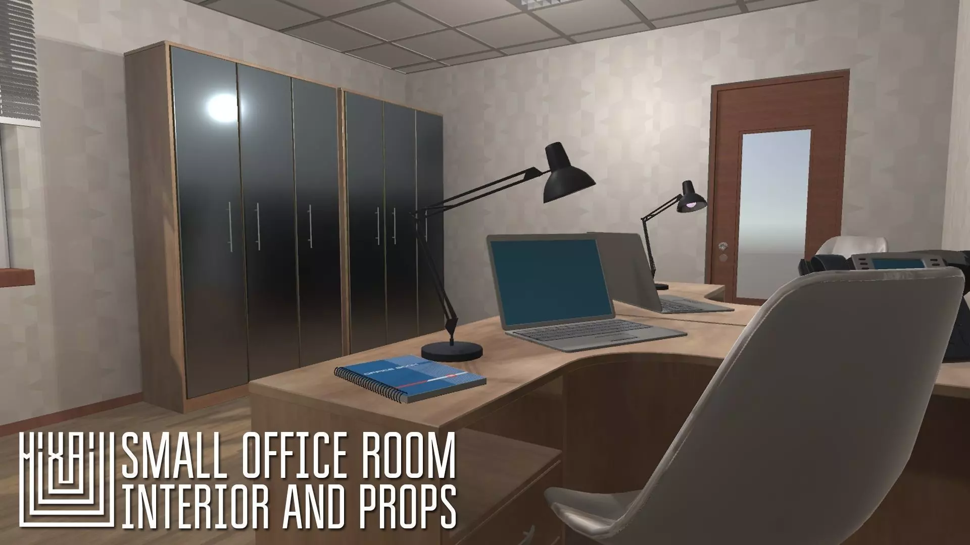 Small office room - interior and props Low-poly 3D model_0