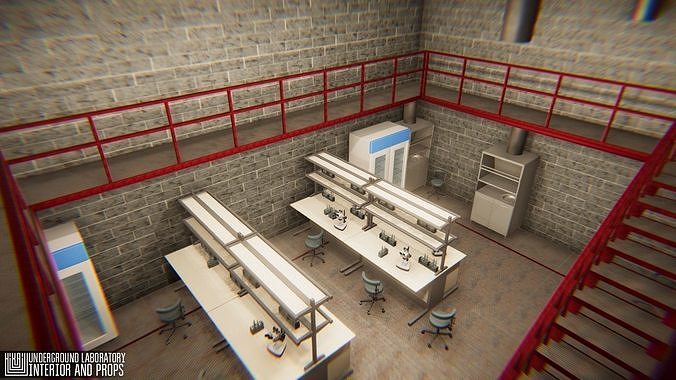Underground laboratory - interior and props Low-poly 3D model