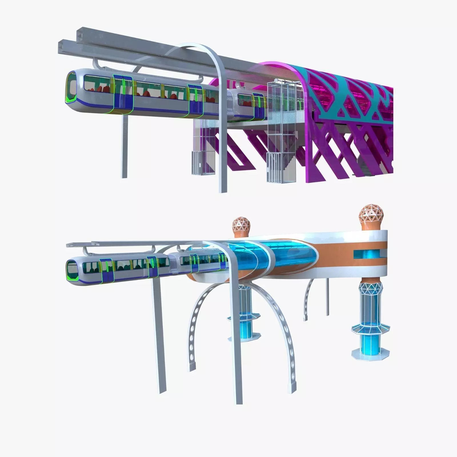 Monorail stations with train 3D Model Collection_0