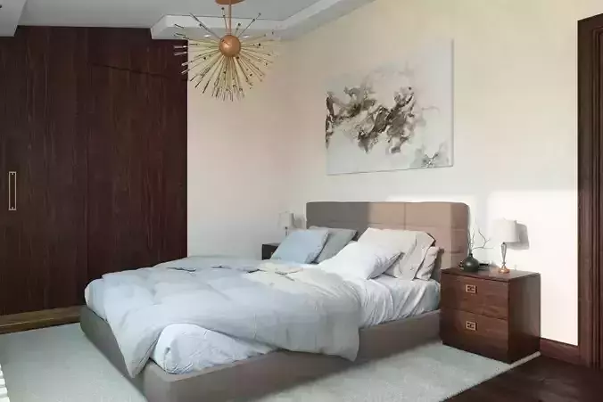 Bedroom with wooden flooring and bed