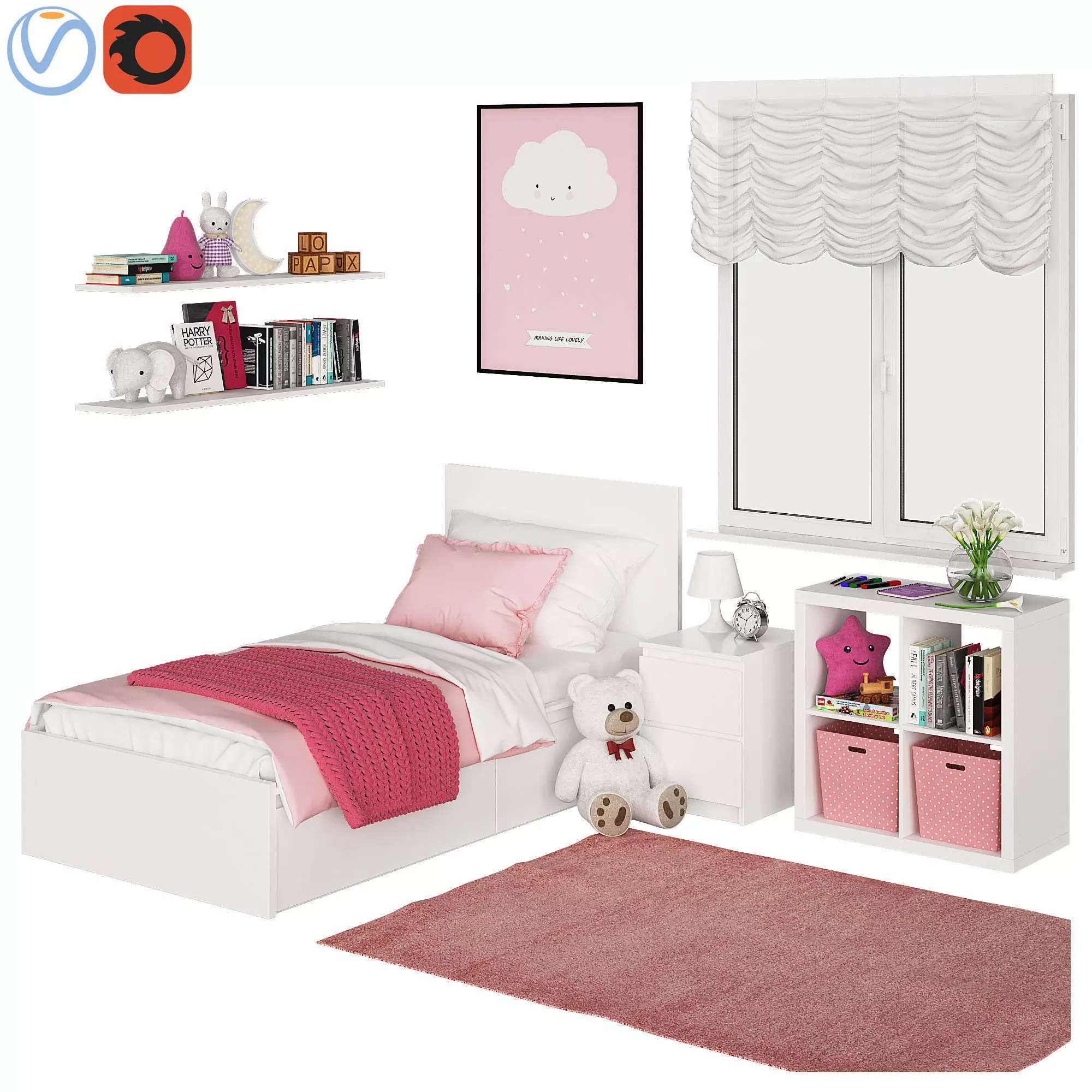 Universal children room Pink Low-poly 3D model
