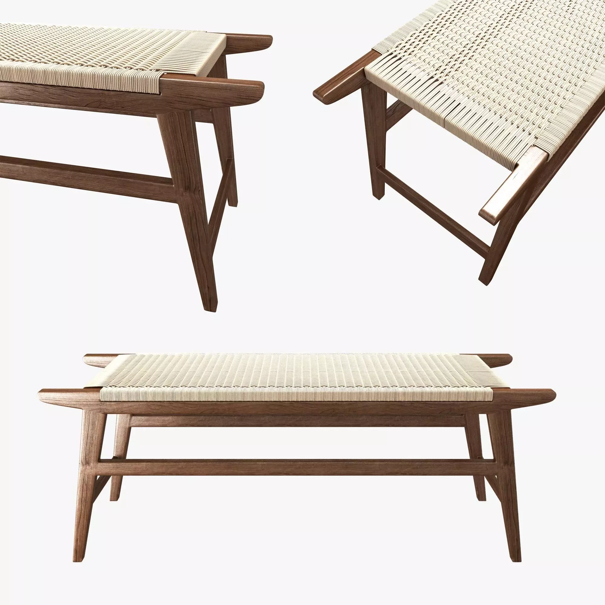 Mid Century Bench in solid walnut 3D model_0