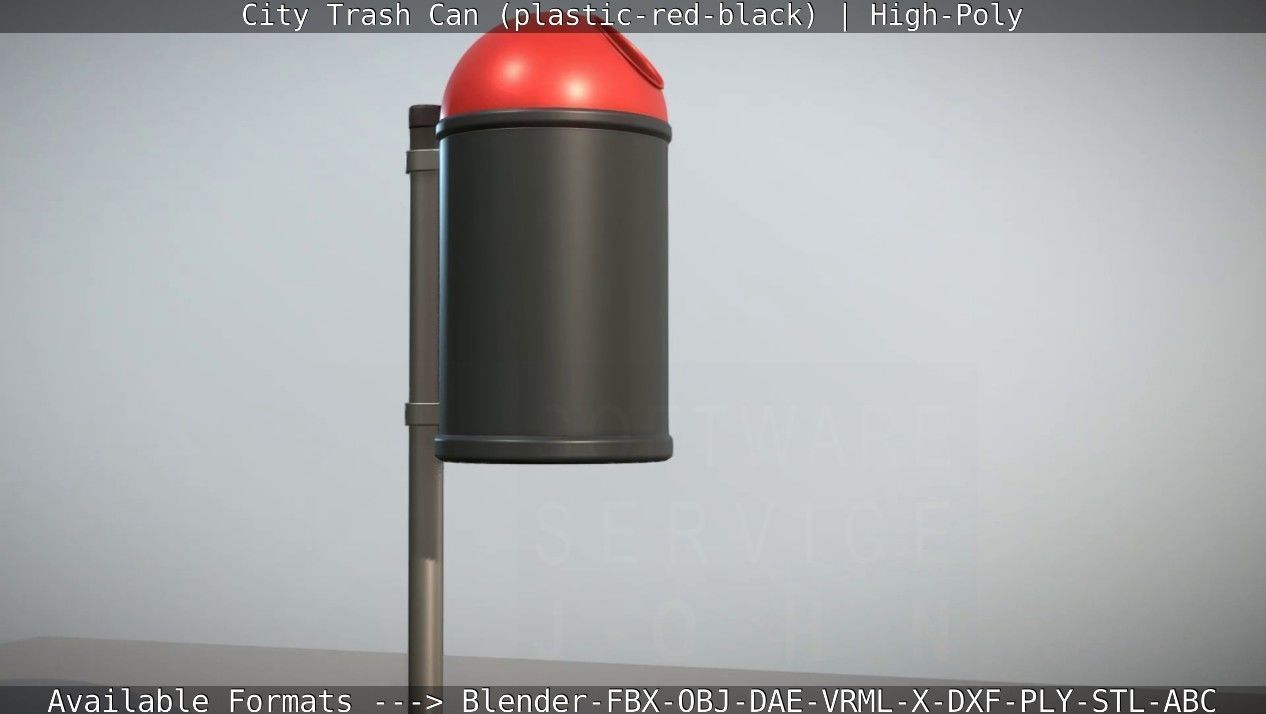 Red and black plastic city trash can - High-Poly Version 3D model_24