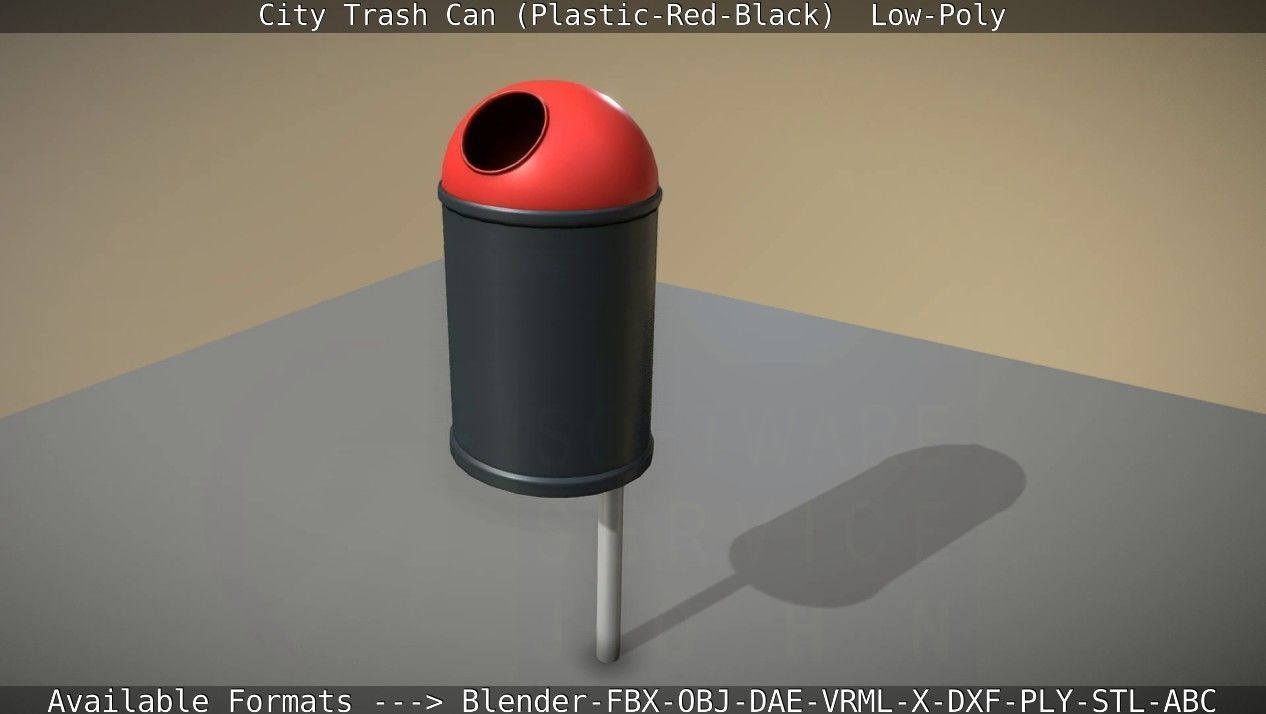 Red and black plastic city trash can - Low-Poly Low-poly 3D model_28