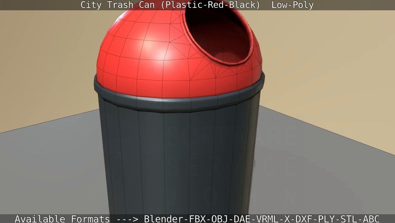 Red and black plastic city trash can - Low-Poly Low-poly 3D model_104