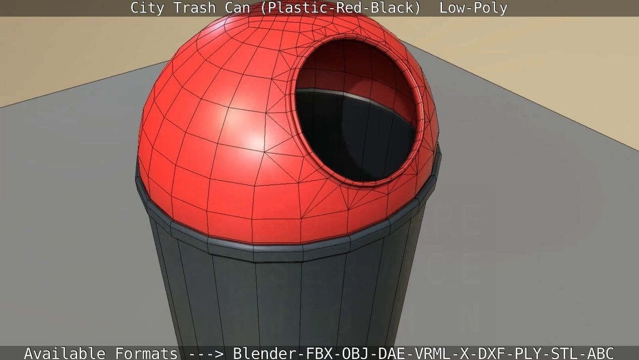 Red and black plastic city trash can - Low-Poly Low-poly 3D model_105