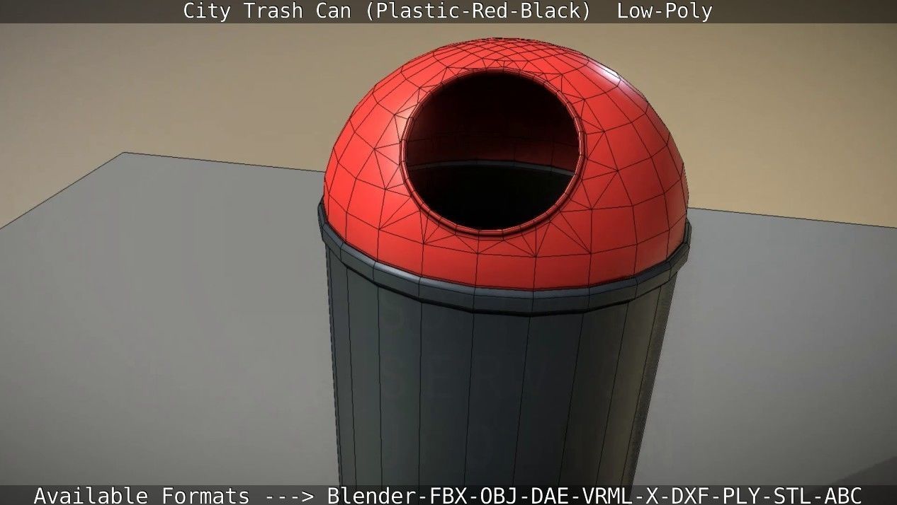 Red and black plastic city trash can - Low-Poly Low-poly 3D model_41