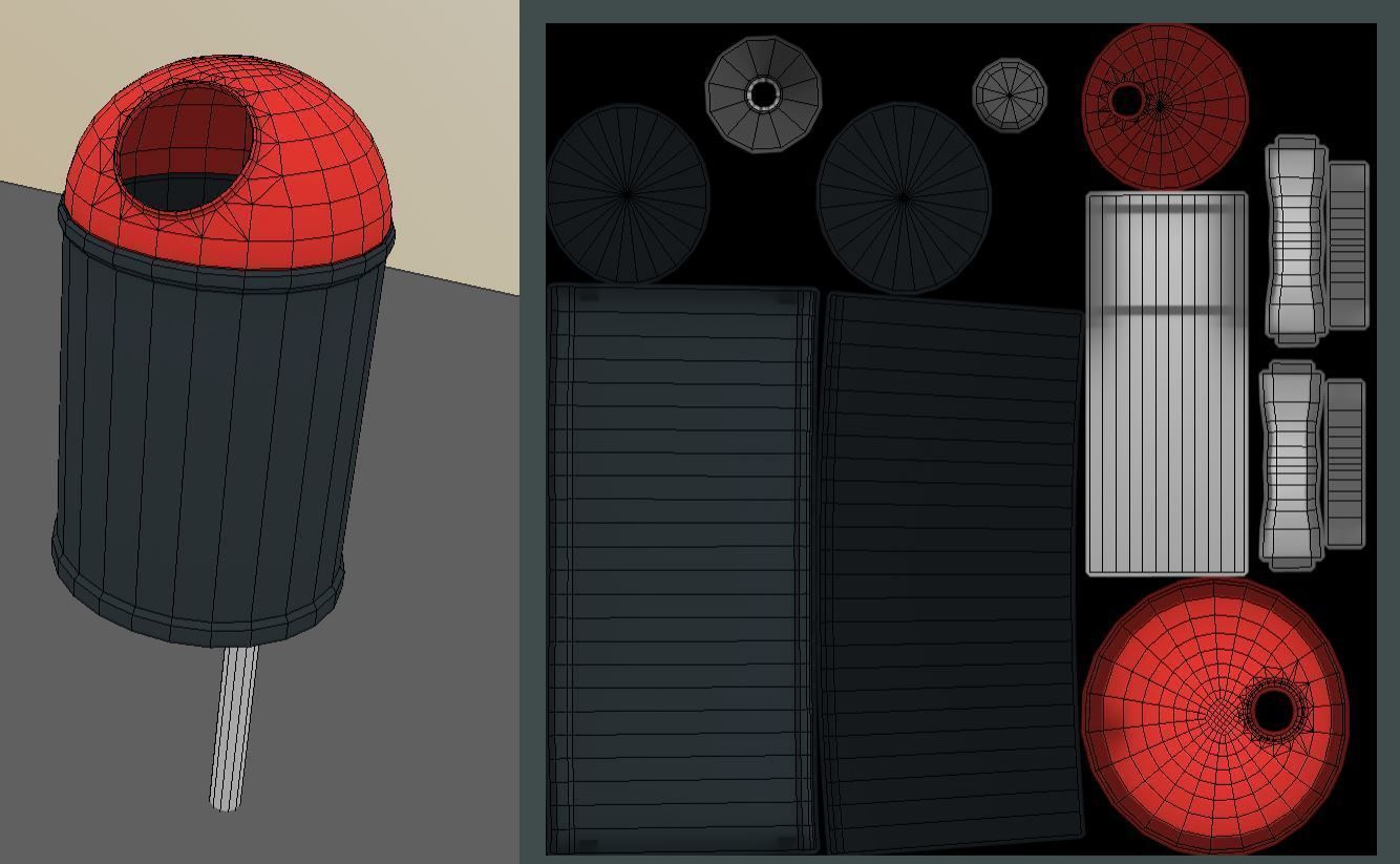 Red and black plastic city trash can - Low-Poly Low-poly 3D model_16