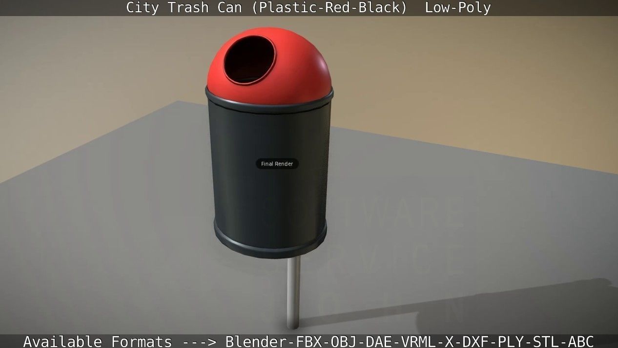 Red and black plastic city trash can - Low-Poly Low-poly 3D model_95
