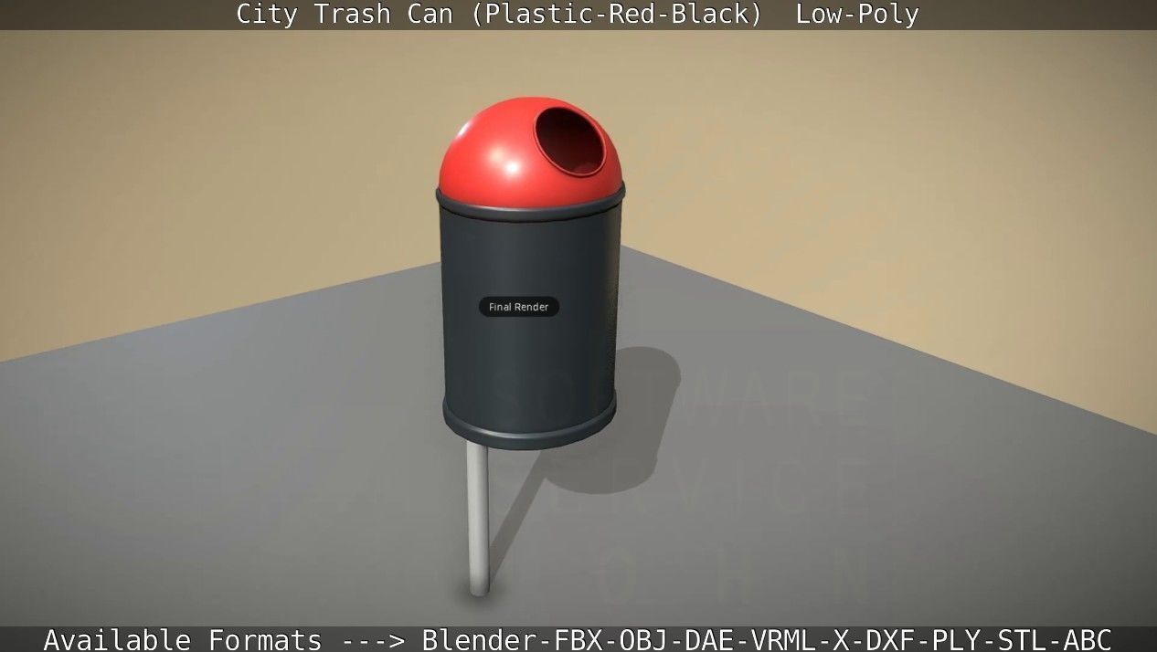 Red and black plastic city trash can - Low-Poly Low-poly 3D model_101
