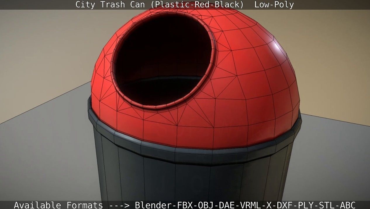 Red and black plastic city trash can - Low-Poly Low-poly 3D model_42