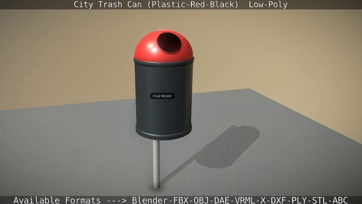 Red and black plastic city trash can - Low-Poly Low-poly 3D model_99