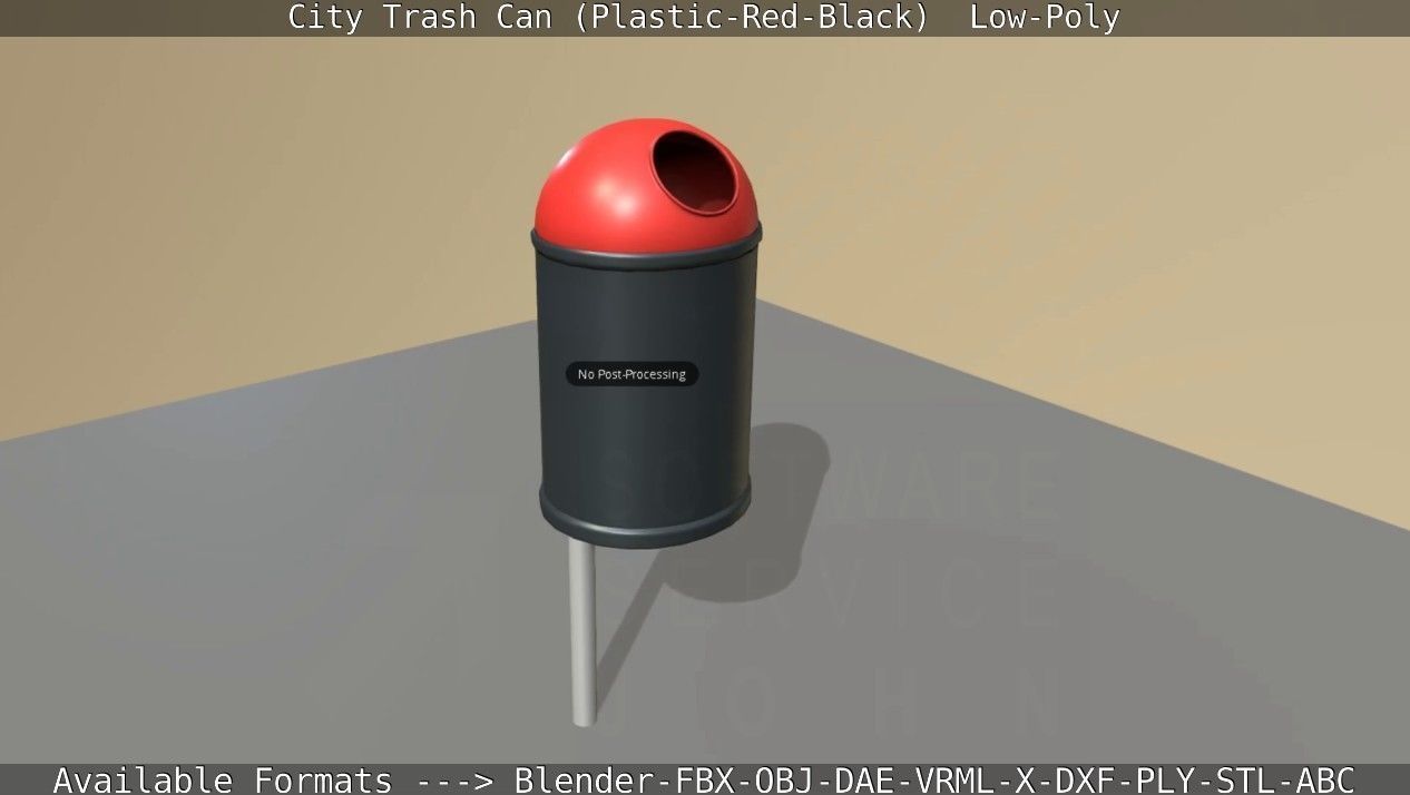 Red and black plastic city trash can - Low-Poly Low-poly 3D model_100