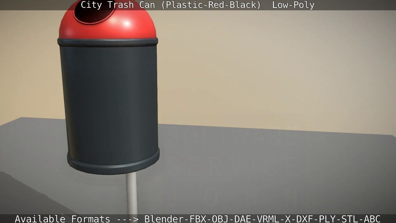 Red and black plastic city trash can - Low-Poly Low-poly 3D model_33