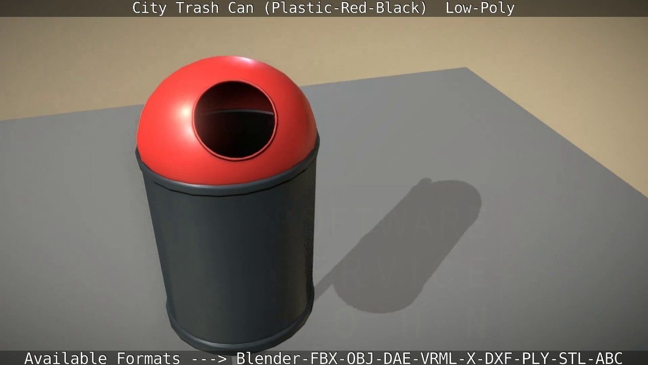 Red and black plastic city trash can - Low-Poly Low-poly 3D model_35