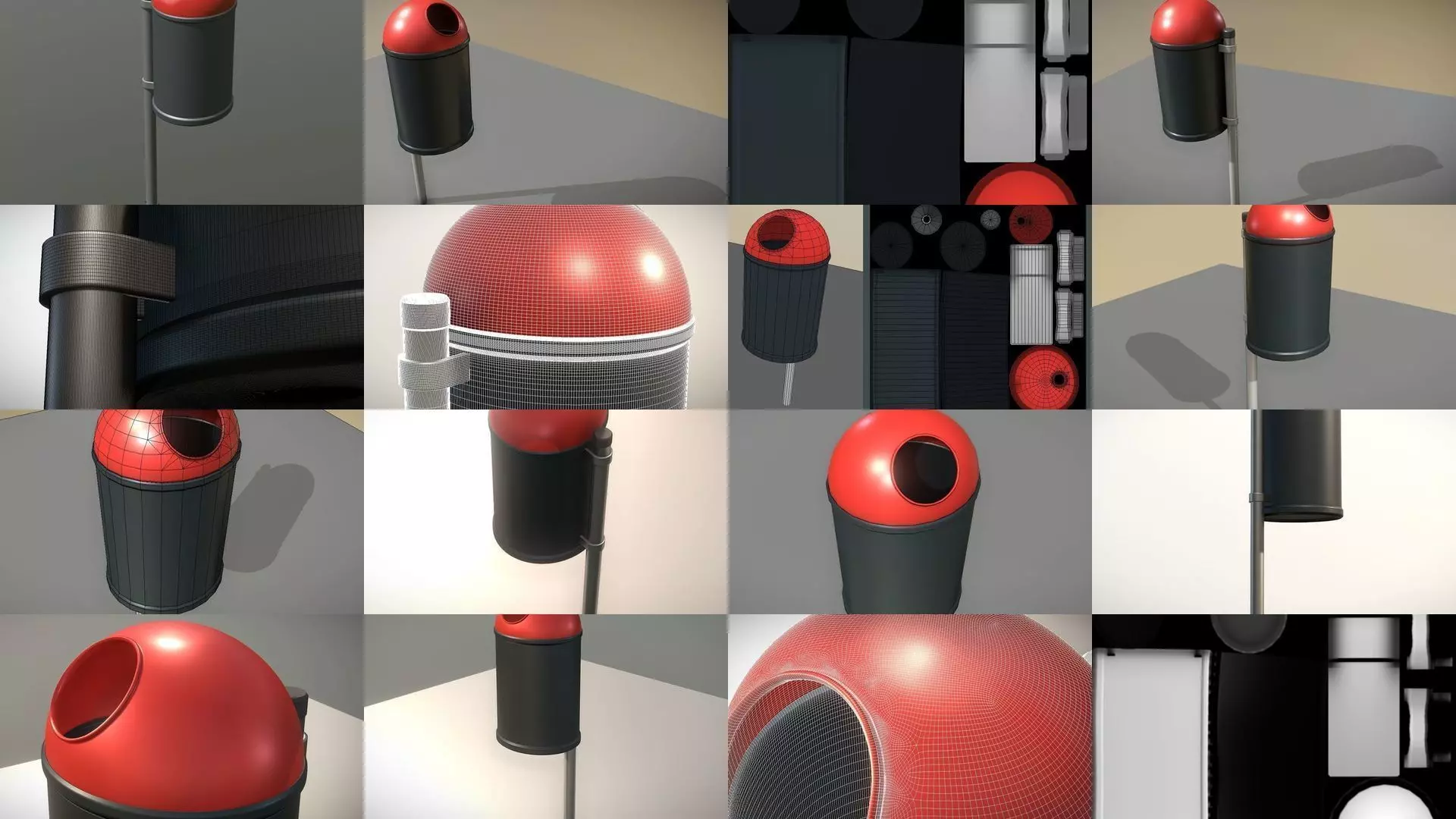 Red and black plastic city trash can High and Low-Poly Version 3D Model Collection_0
