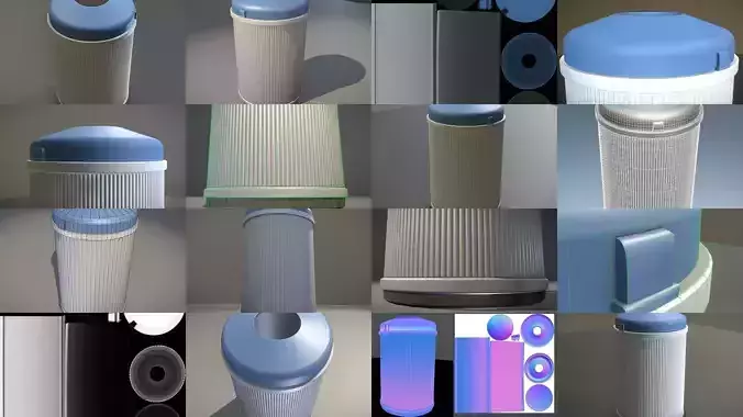 Blue and white plastic trash can - High and Low-Poly Version 3D Model Collection