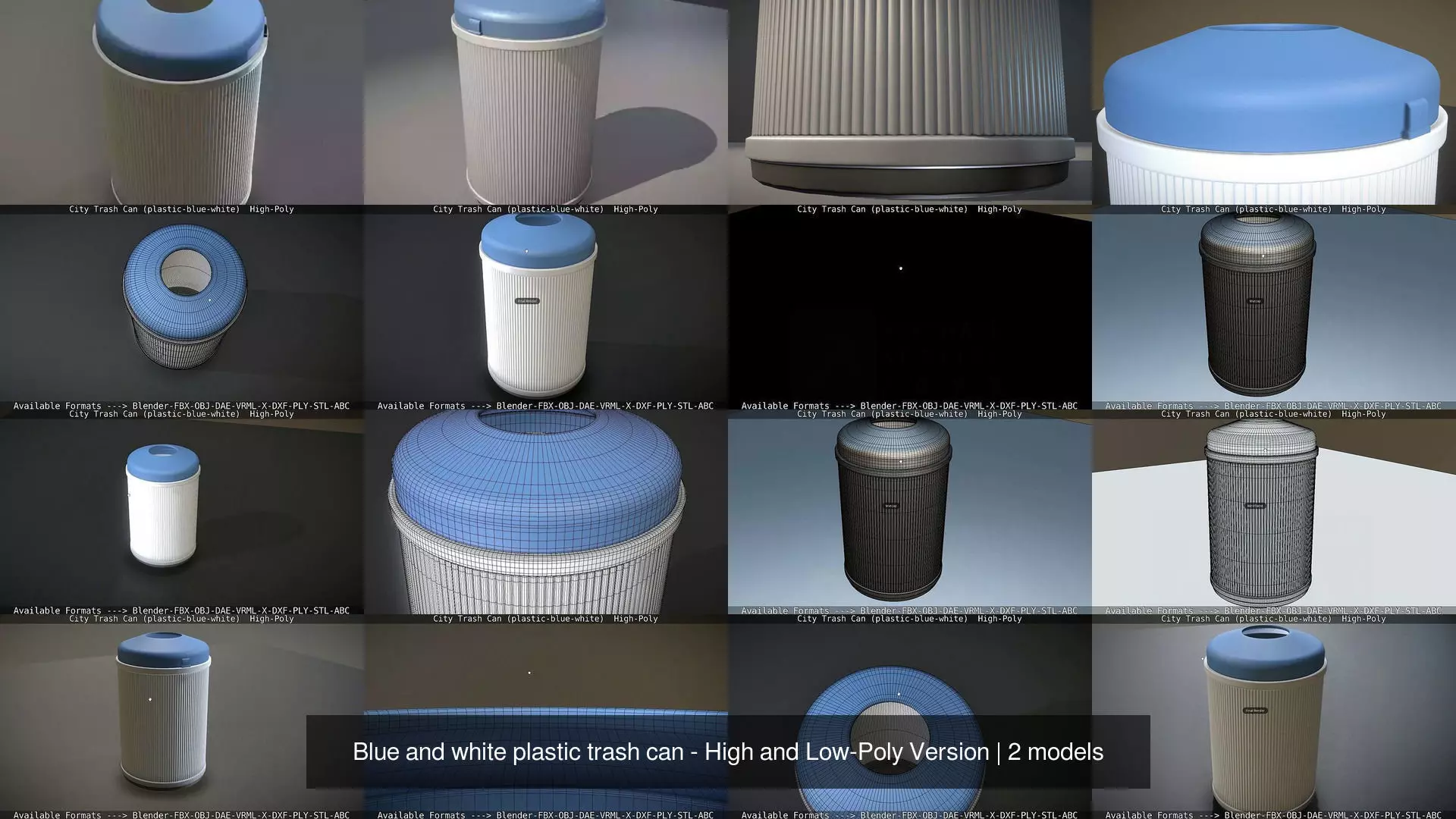 Blue and white plastic trash can - High and Low-Poly Version 3D Model Collection_1