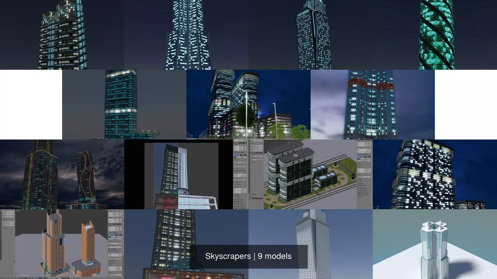 Skyscrapers tall building at night 3D Model Collection_1