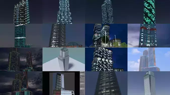 Skyscrapers tall building at night 3D Model Collection