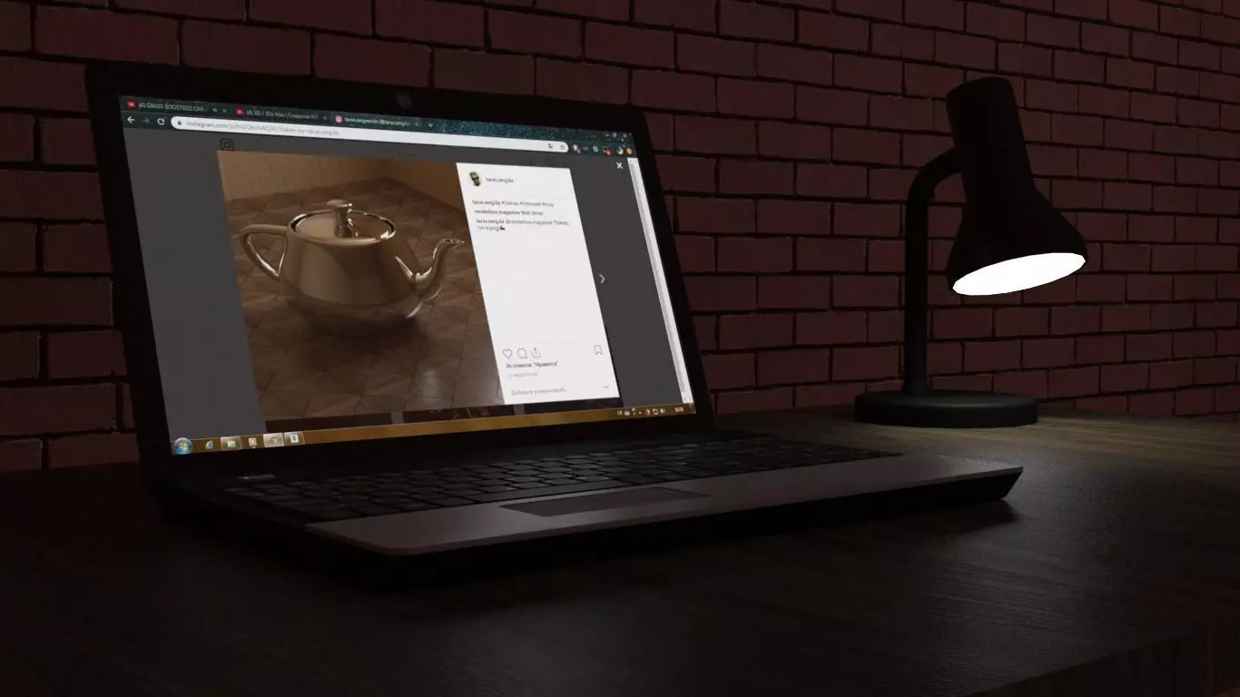 Notebook laptop on table with lamp Free low-poly 3D model