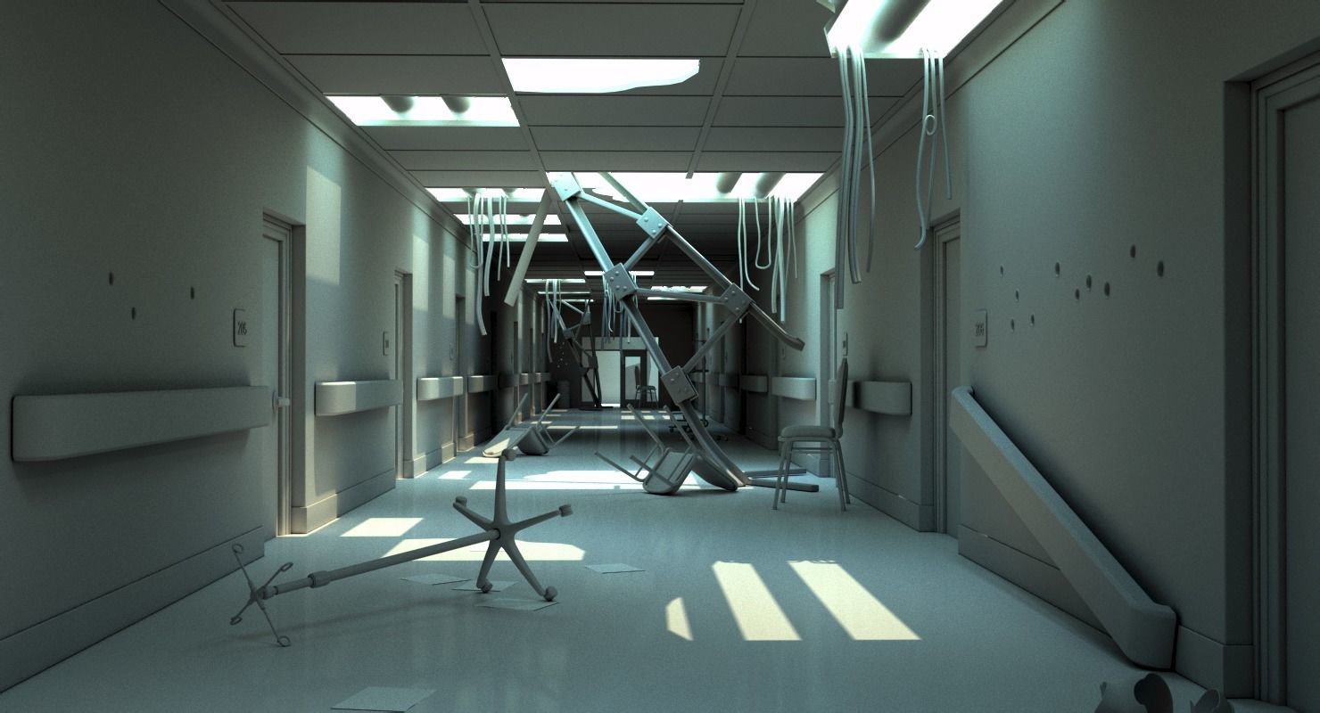 Damaged Hallway White 3D model_7