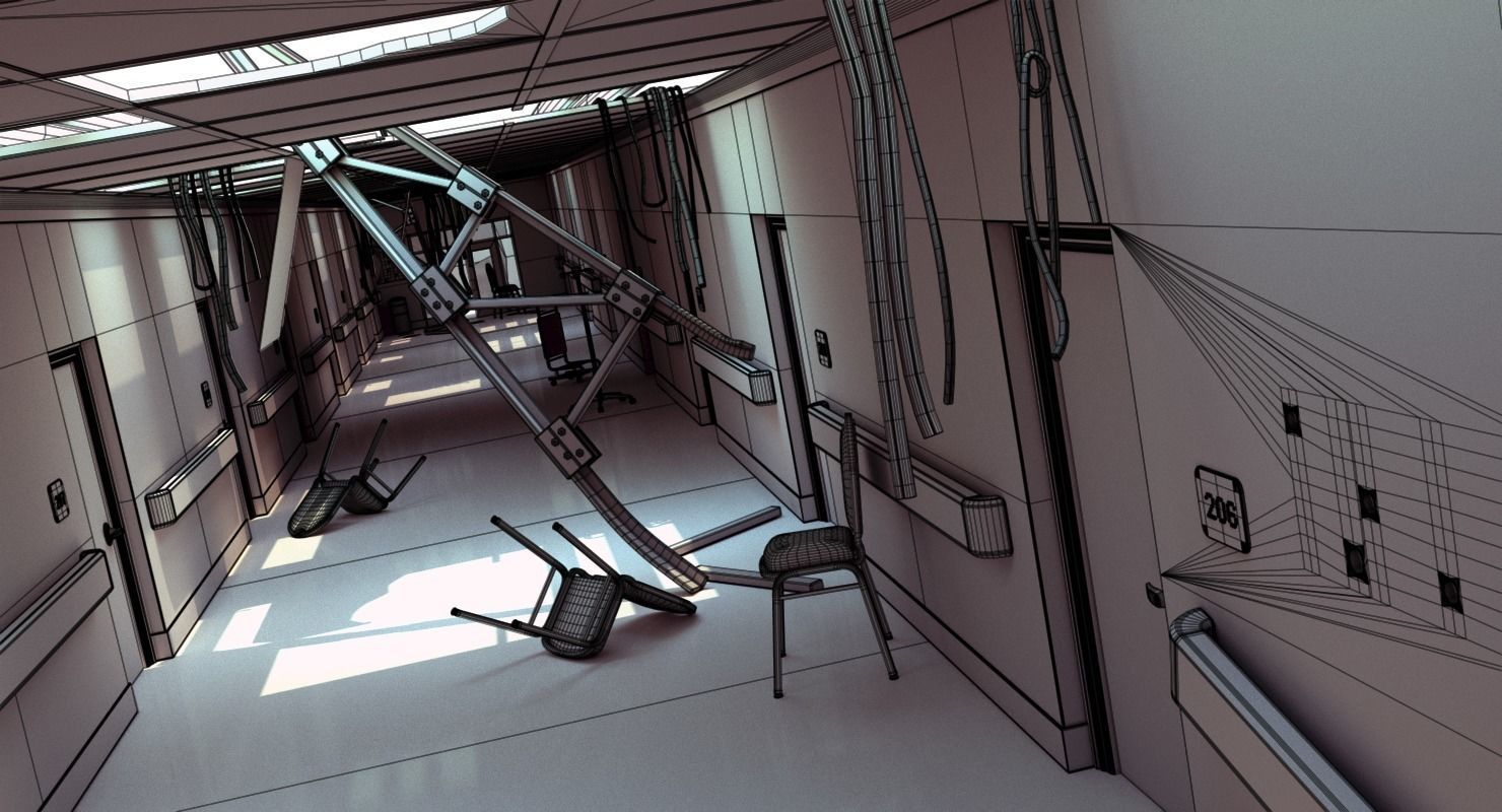Damaged Hallway White 3D model_13
