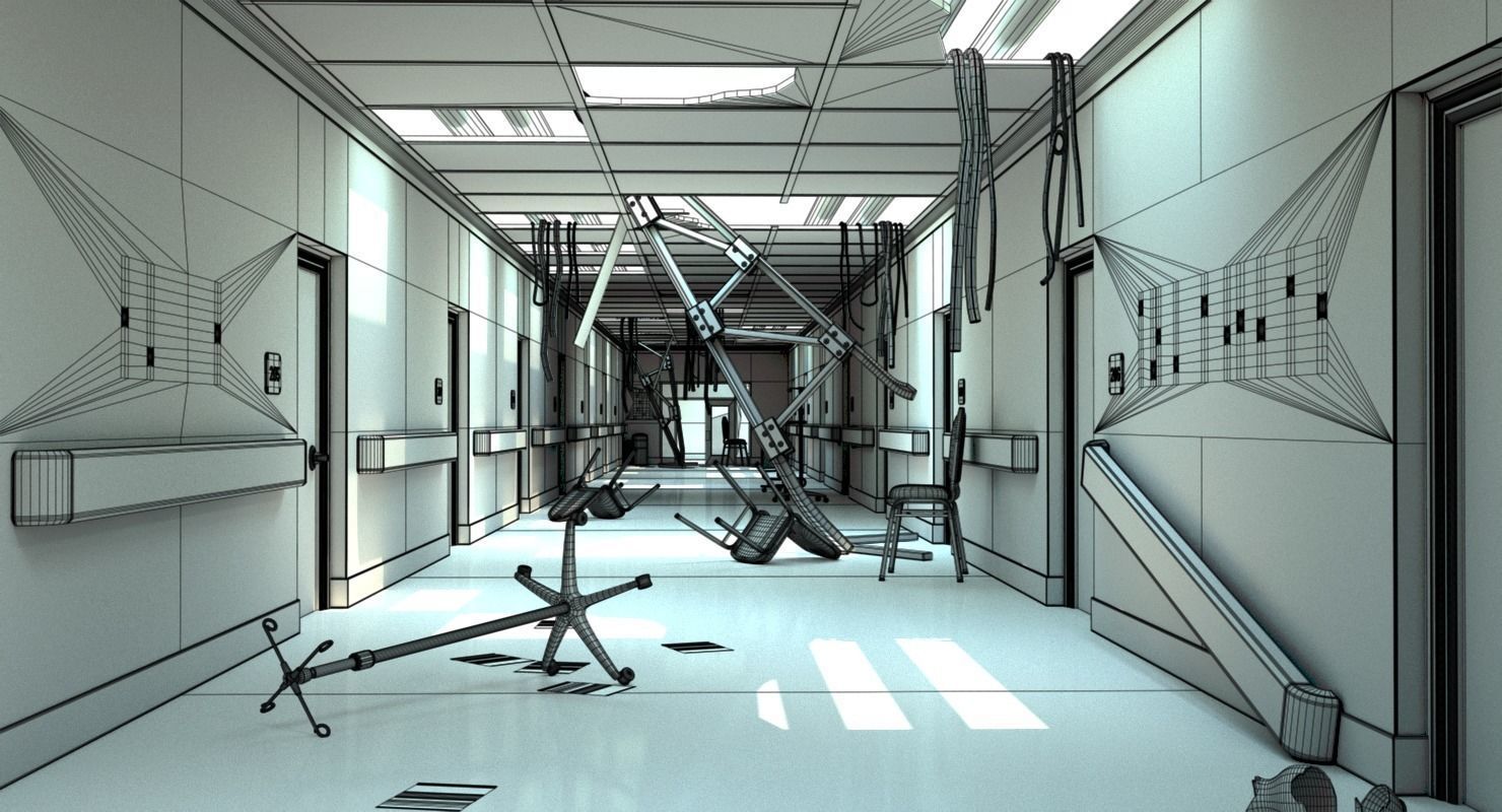Damaged Hallway White 3D model_14