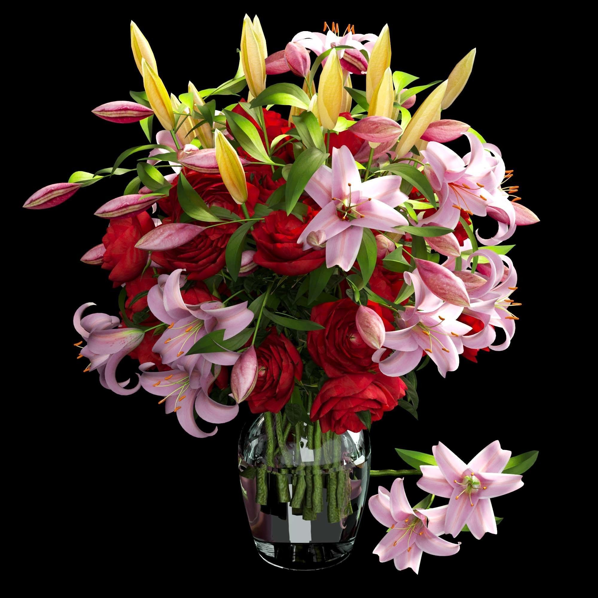 Vase with rose and lily 3D model_12