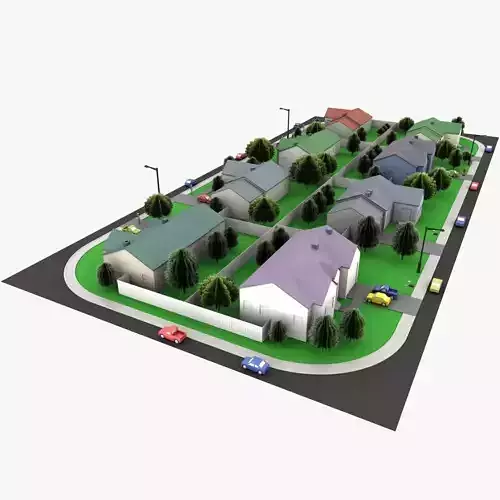 Neighborhood Low Poly with houses and cars
