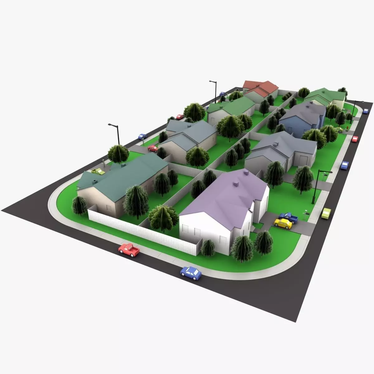 Neighborhood Low Poly with houses and cars 3D model