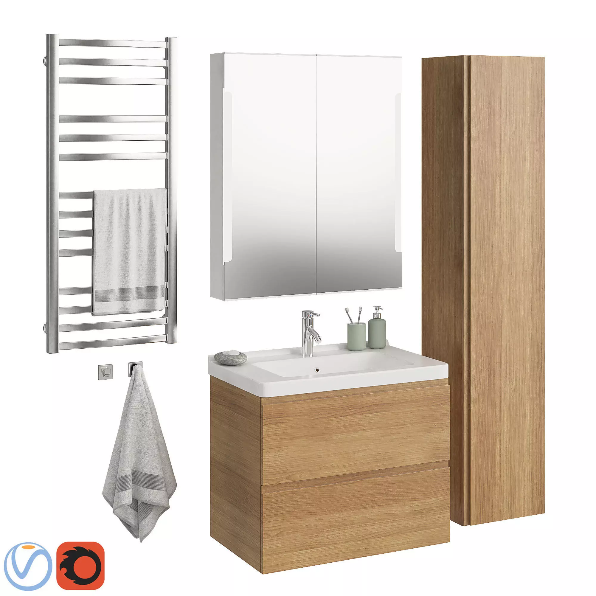 Godmorgon set 2 bathroom with wooden cabinet and towel rack 3D model