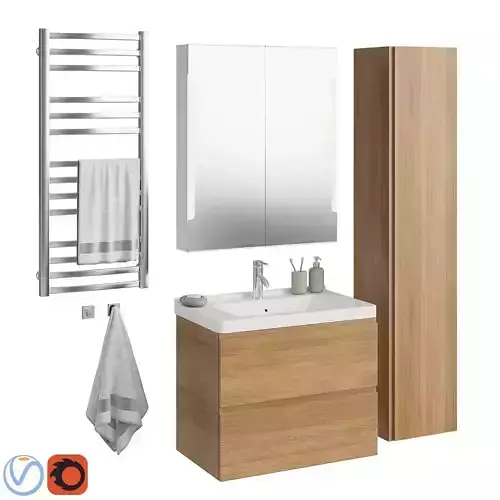 Godmorgon set 2 bathroom with wooden cabinet and towel rack
