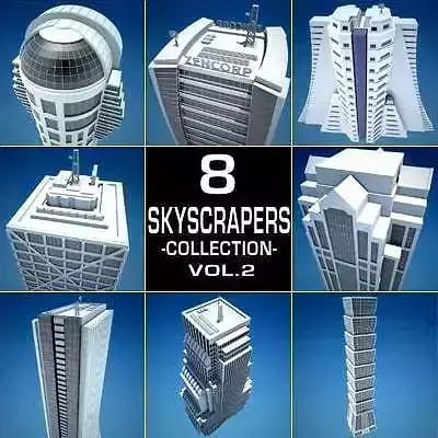 8 Skyscrapers 2 tall building with logo on top