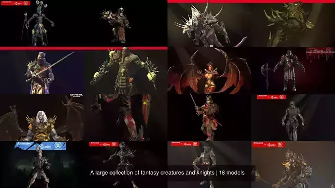 A large collection of fantasy creatures and knights