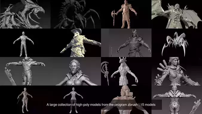 A large collection of high-poly models from the program zbrush