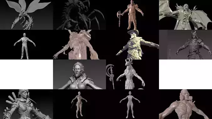 A large collection of high-poly models from the program zbrush 