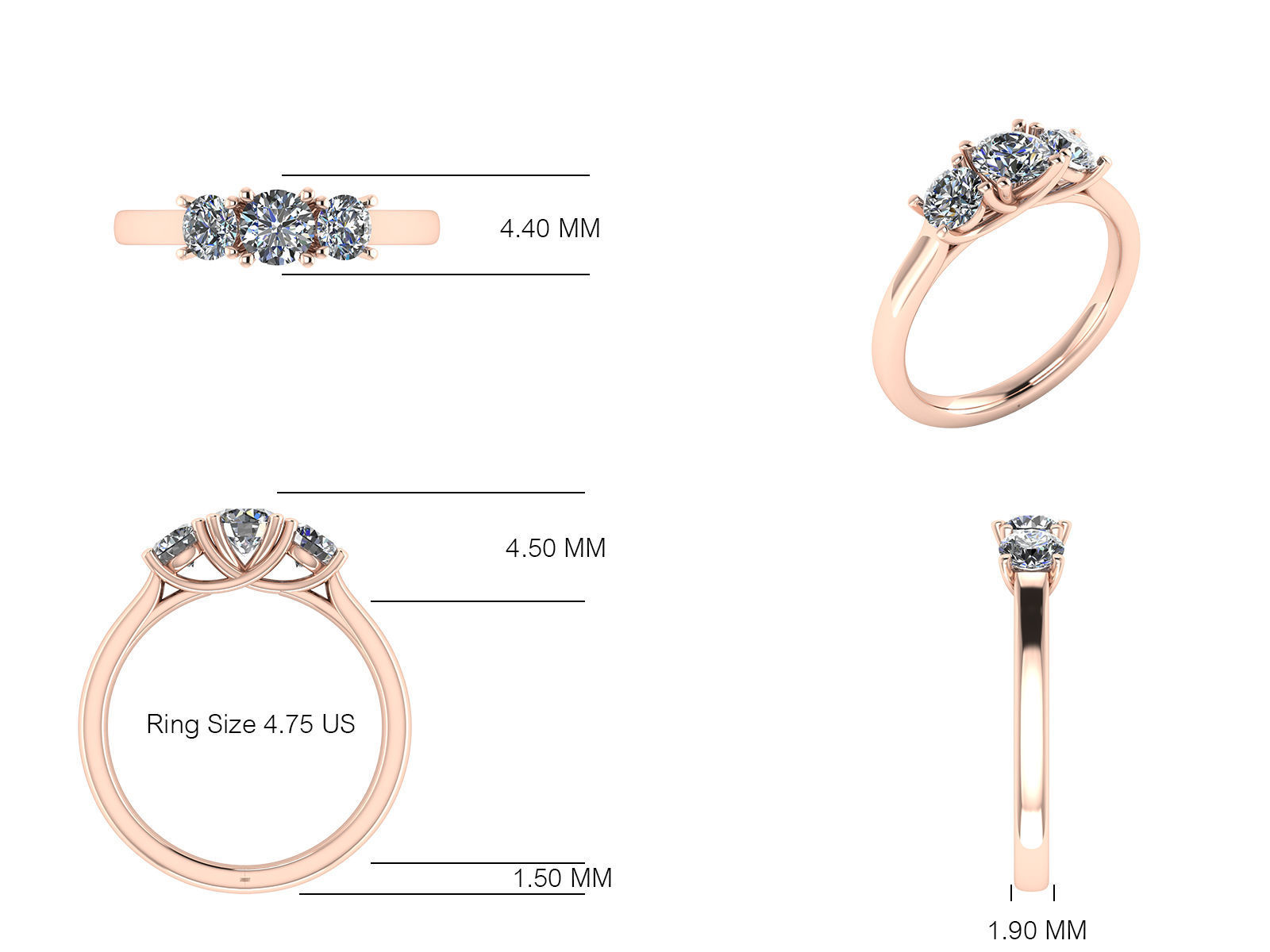 Ring06 three stone engagement ring in rose gold 3D print model_4