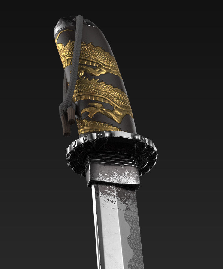 Tanto japanese sword with gold handle Low-poly 3D model_1
