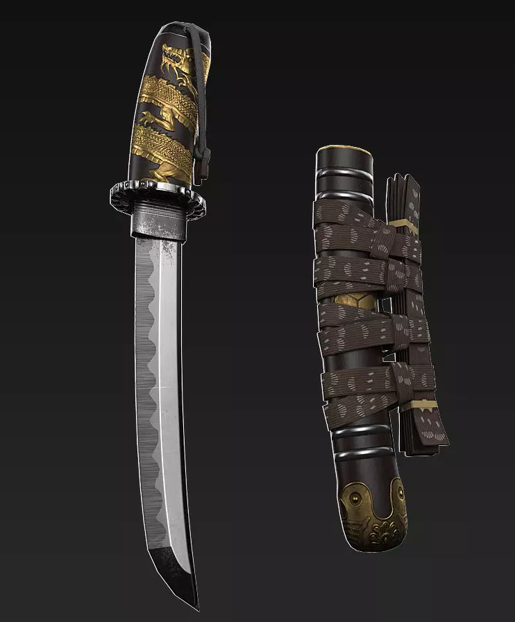 Tanto japanese sword with gold handle Low-poly 3D model_0