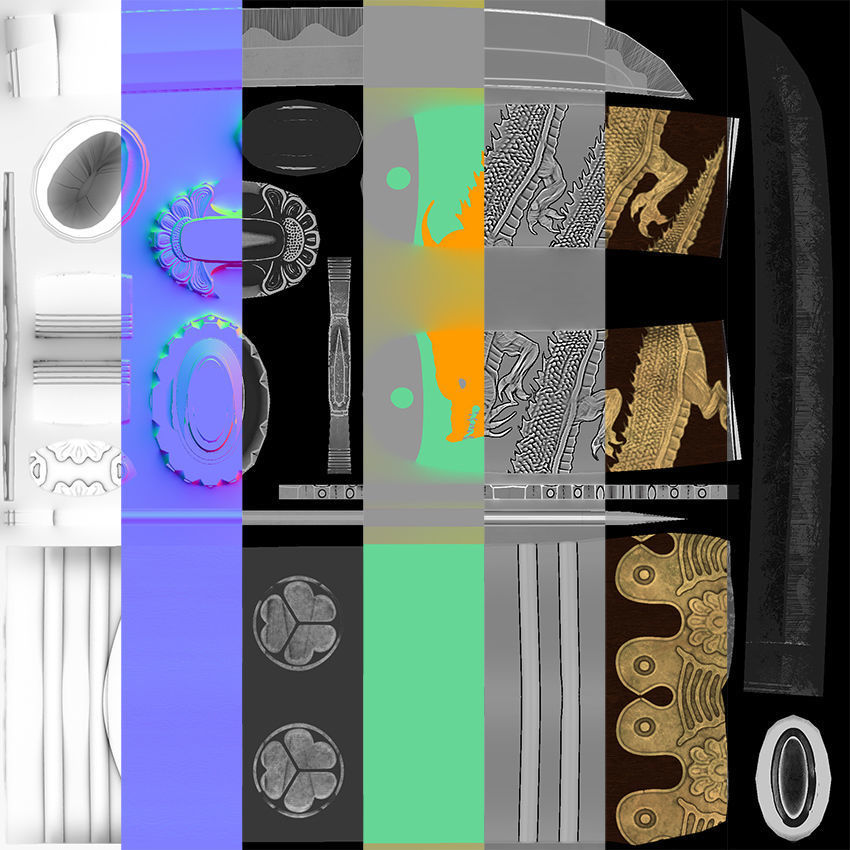 Tanto japanese sword with gold handle Low-poly 3D model_4