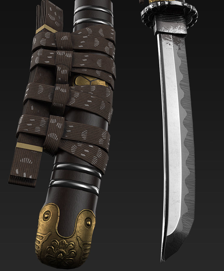 Tanto japanese sword with gold handle Low-poly 3D model_2