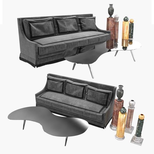 Three seat custom sofa and Arad low center table and pedestals 3D model