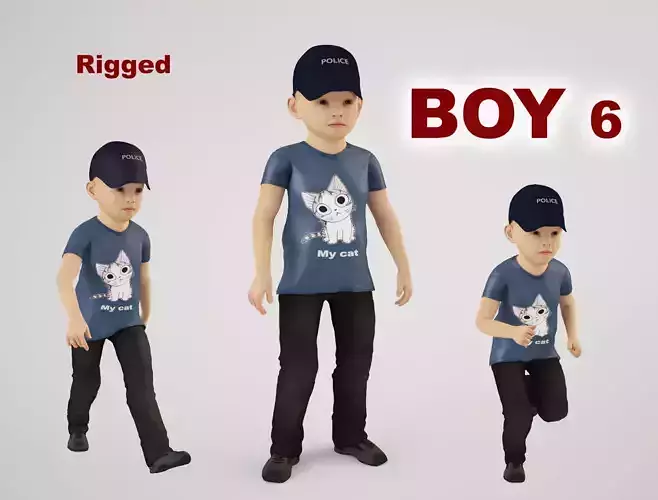 Boy 6 little wearing cap and t - shirt 3D model
