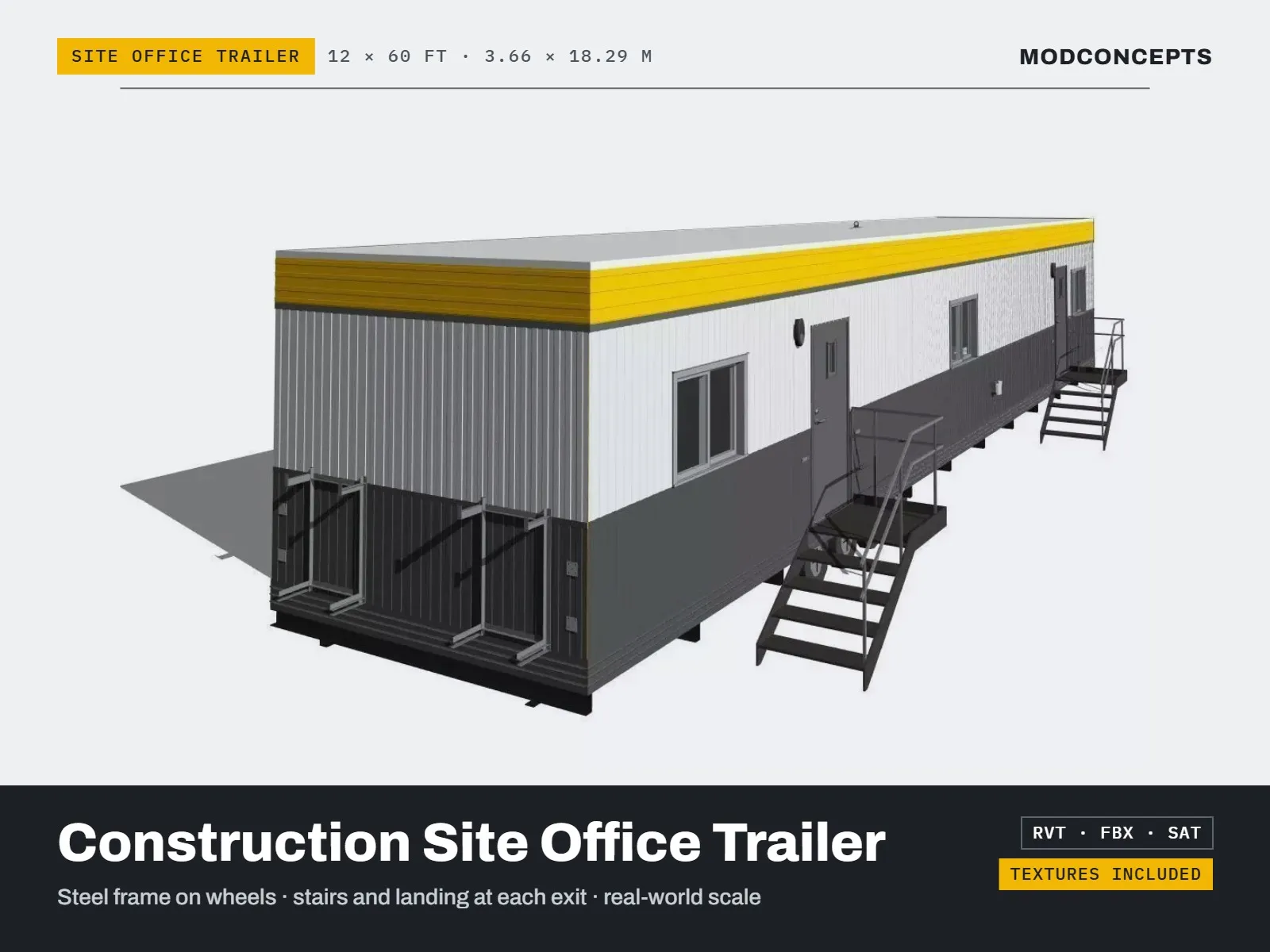 Construction Site Office Trailer 12x60 ft - Modular with Stairs Low-poly 3D model