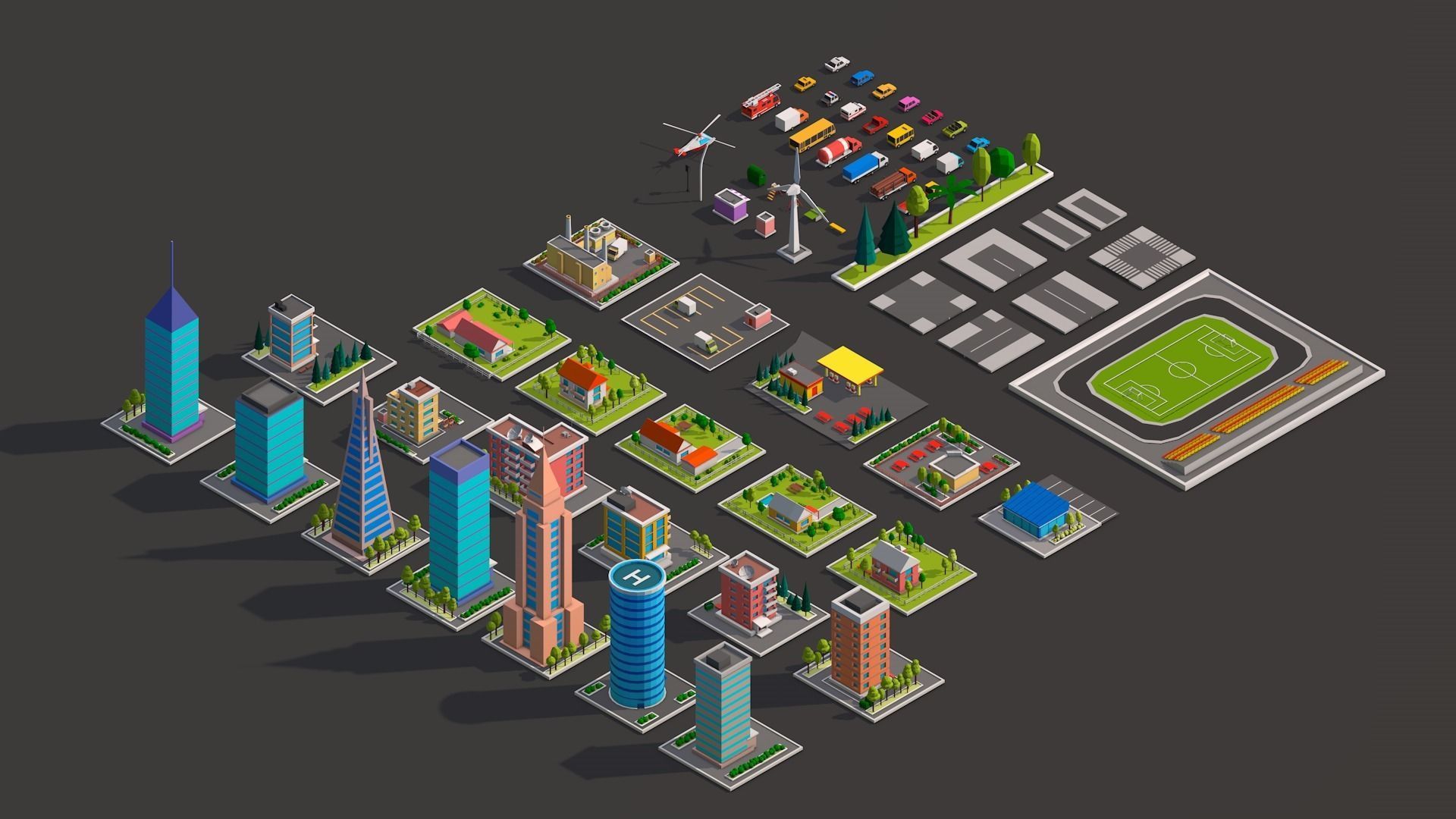 Polygonia City Buildings Cars and Elements Pack Low-poly 3D model_2