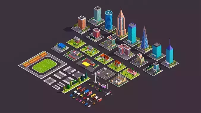 Polygonia City Buildings Cars and Elements Pack Low-poly 3D model