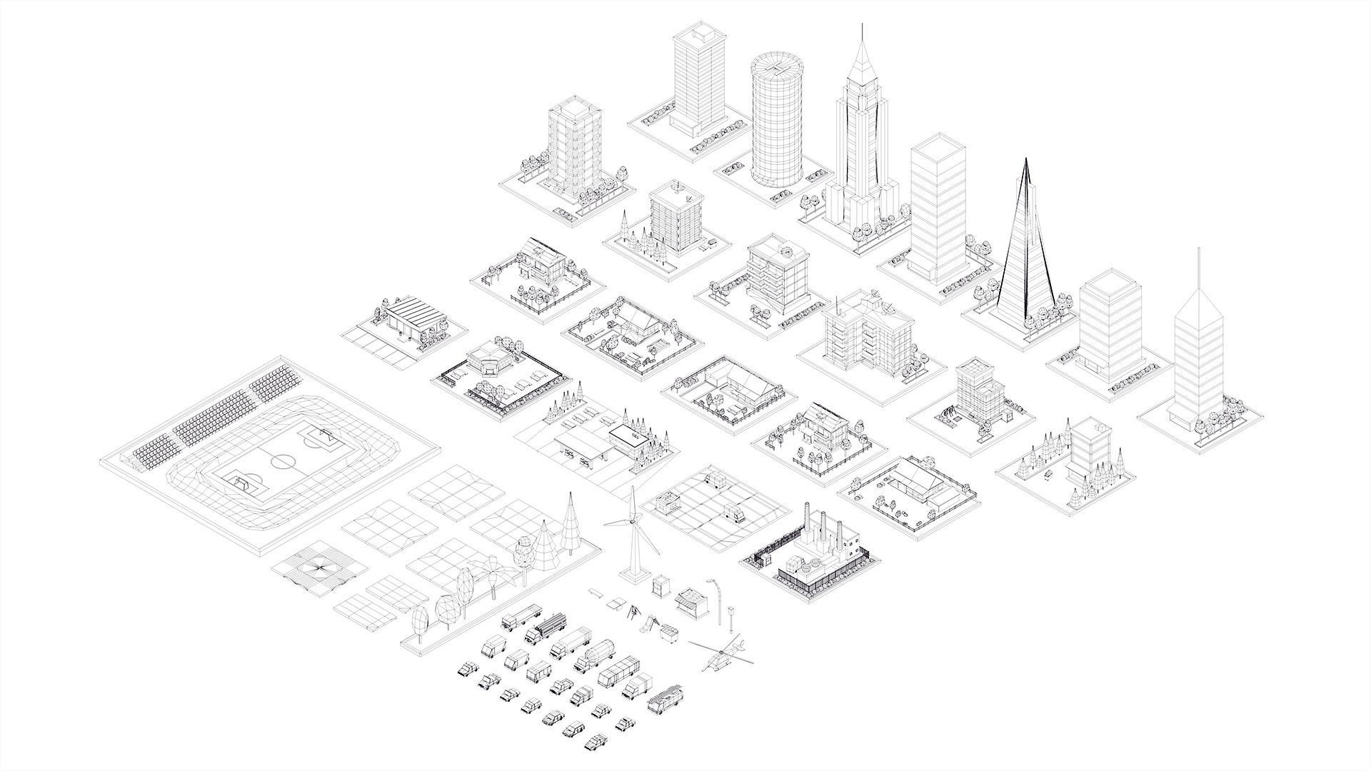 Polygonia City Buildings Cars and Elements Pack Low-poly 3D model_1