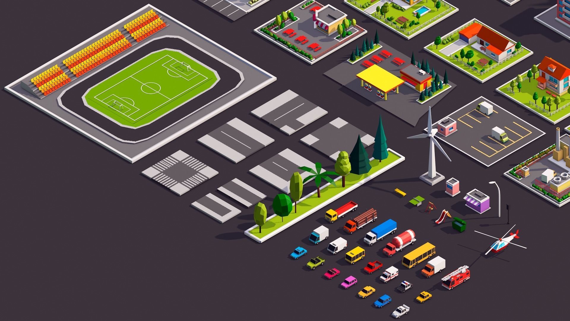 Polygonia City Buildings Cars and Elements Pack Low-poly 3D model_6