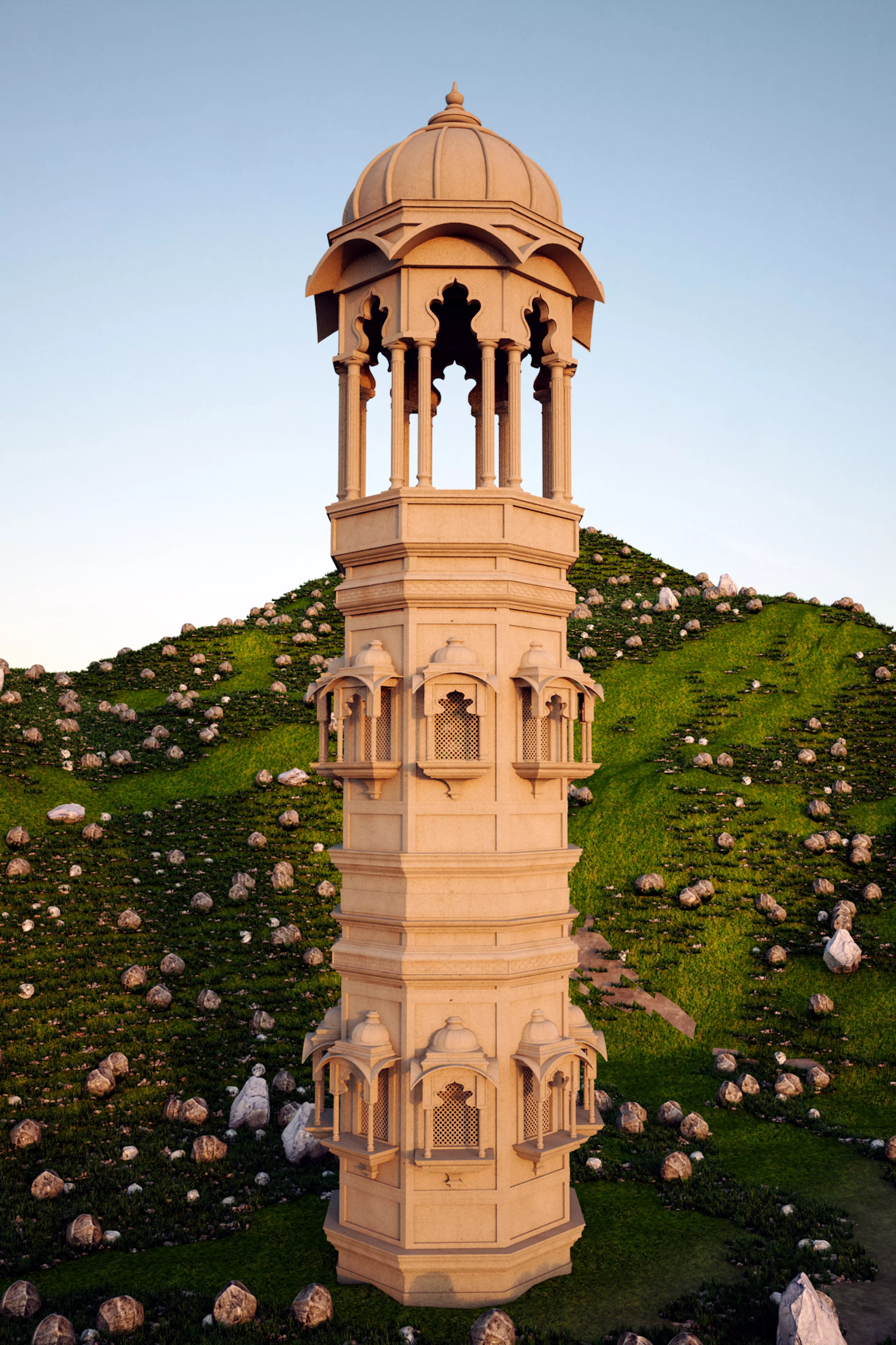 jarukha tower in middle of grassy hill 3D print model